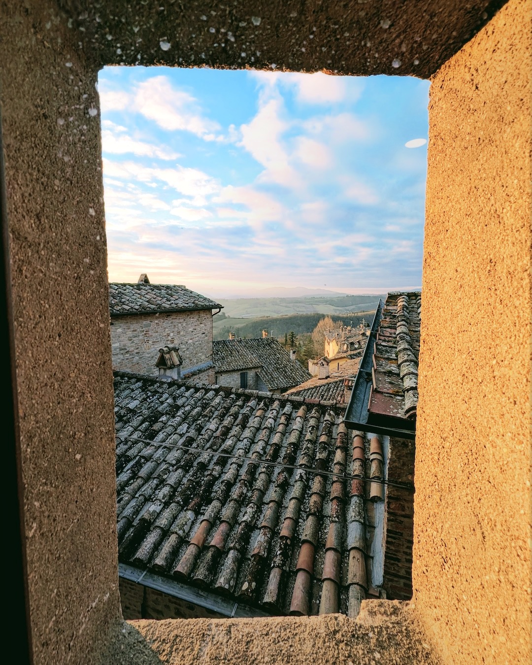 A view of Montone, Italy from a window